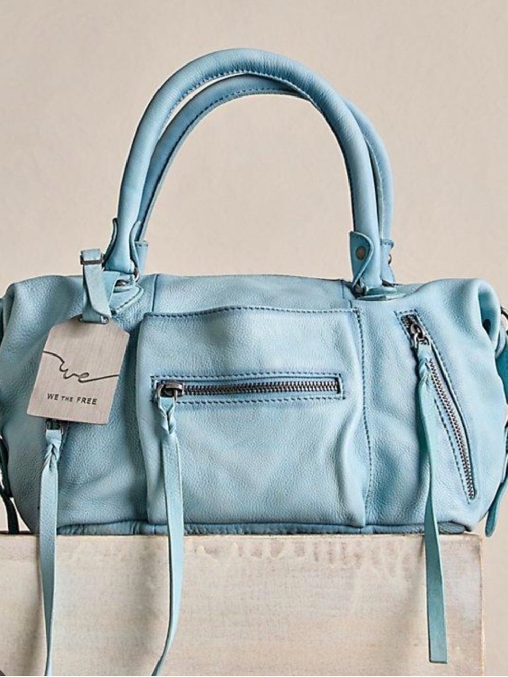 We The Free Powder Blue Leather Satchel with Top Handles baby